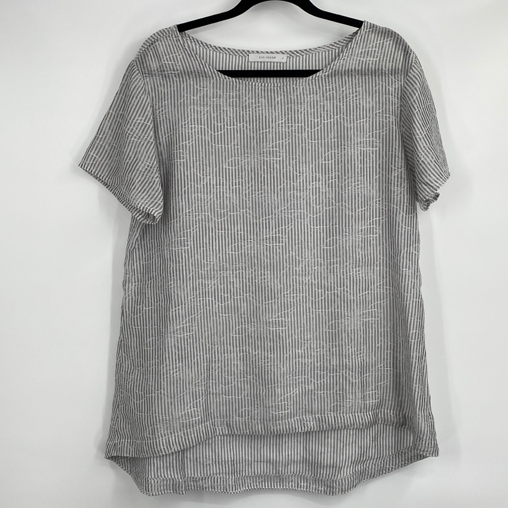 Cut Loose Grey and White Striped Short Sleeve Shirt with Floral Print